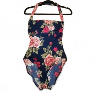 Vintage Gabar Retro Floral Red Blue Halter One Piece Swimsuit M